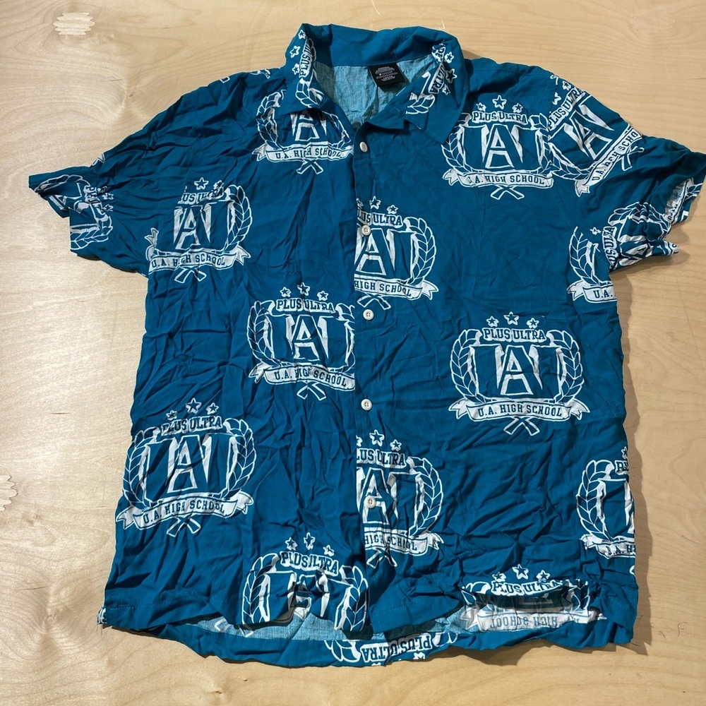 My Hero Academia Teal Graphic Men's Button Up Shirt Large (42/44) (DH)